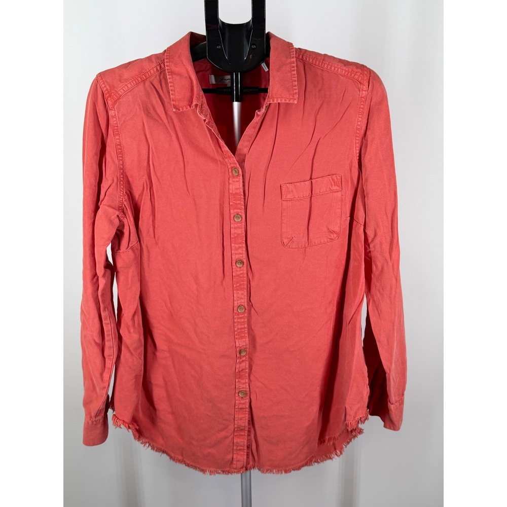 Foxcroft NYC Coral Pink Tencel Lyocell Button Down Frayed Hem Shirt Womens 16